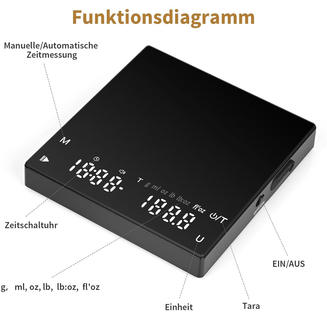 Digitale Kaffeewaage mit Timer, Espresso Waage mit 0,1g Präziser Graduierung, USB Aufladbar Feinwaag