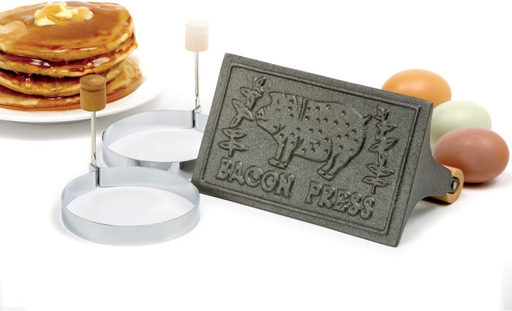 Norpro Bacon Press & Egg/Pancake Rings 3 Piece Cast Iron 6.75"X4" Wooden Handle