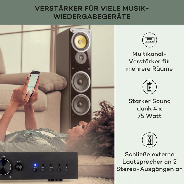 Auna Verstärker, HiFi Stereo Mini Verstärker, HiFi-Verstärker mit Bass & Treble Regler, 2 Kanal Audi