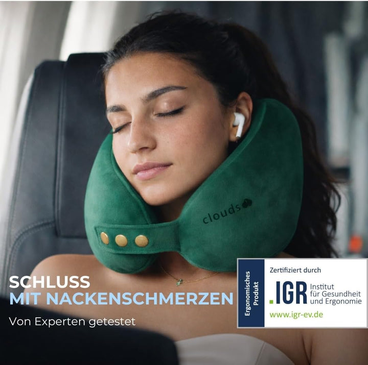 CLOUDS Nackenkissen Flugzeug & Auto – Einstellbares Memory Foam Reisekissen in 2 Grössen für Erwachs