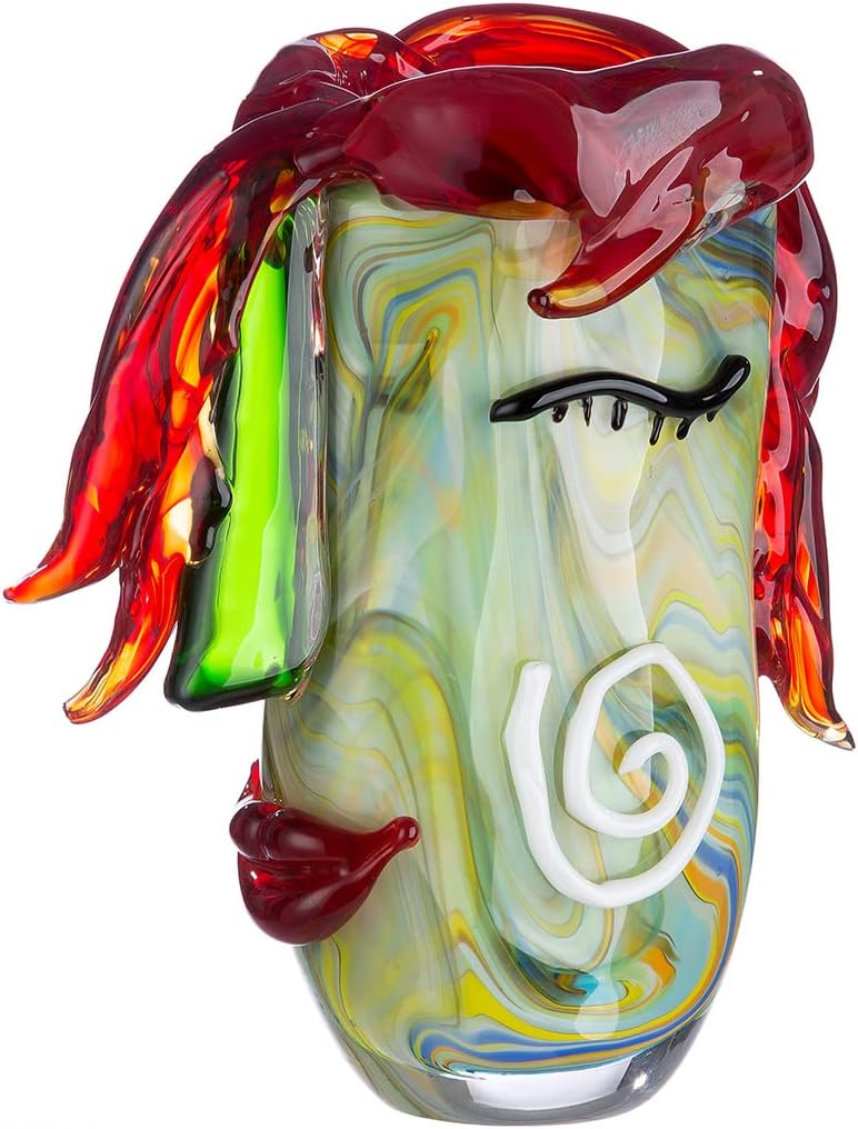 GILDE GLAS art Deko Vase - Gesichtsvase aus Glas - Kunstobjekt, Blumenvase Glasvase - Farbe: Rot/Grü