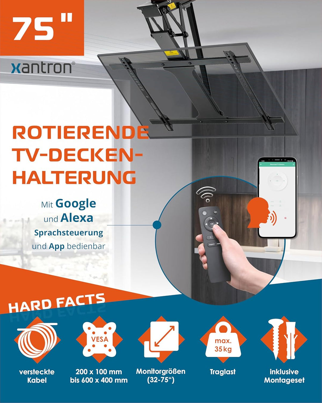 Xantron® DEHA-600E-Roto TV Deckenhalterung Elektrisch Klappbar Neigbar & Drehbar / 32-75 Zoll [Sprac