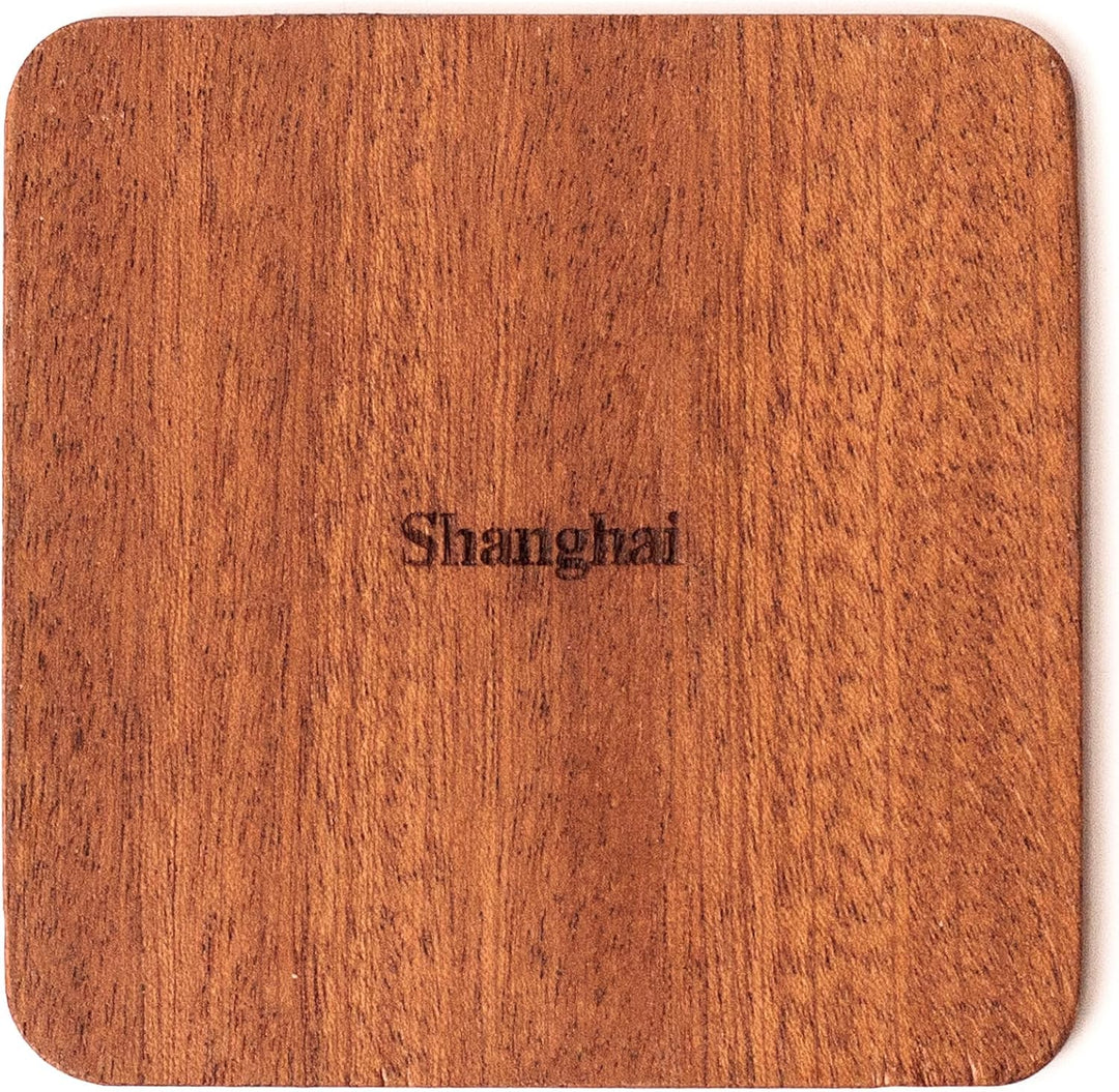 Shanghai Untersetzer mit Landkarte aus Sapeli-Holz, 4 Stück, mit Stadtkarte, mehrere Stadt optional,