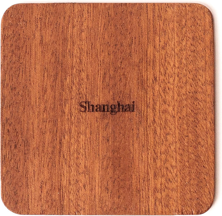 Shanghai Untersetzer mit Landkarte aus Sapeli-Holz, 4 Stück, mit Stadtkarte, mehrere Stadt optional,