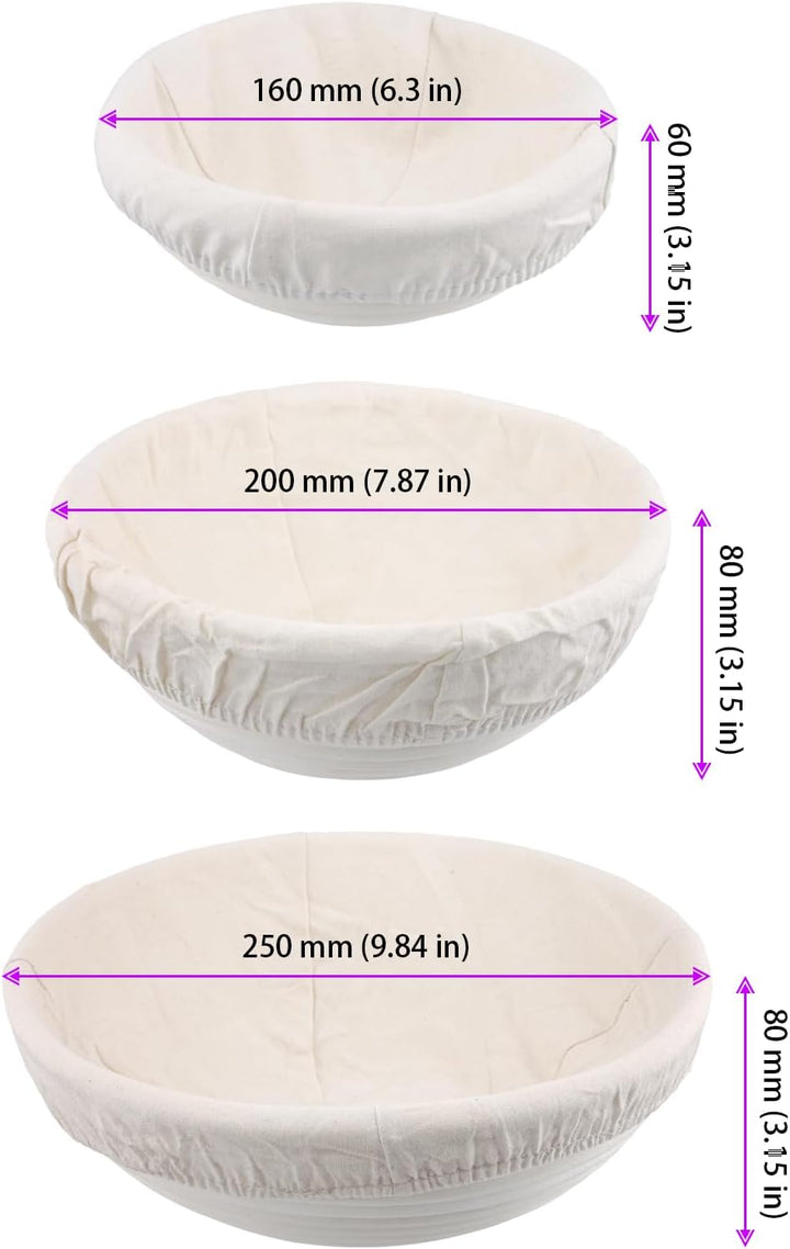 3 Stück Gärkörbchen set rund, 16cm 20cm 25cm Gärkorb Brotkorb mit waschbarem Leineneinsatz und Teigs