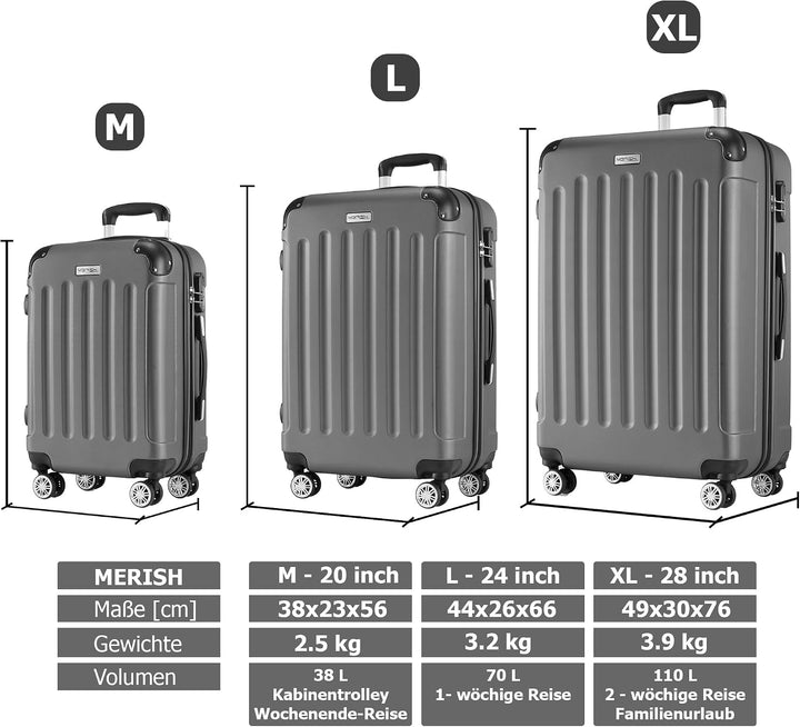 MERISH Reisekoffer Koffer Kofferset Trolleys Zwillingsrollen 3tlg. Hartschale in 9 Farben (Blau, M)