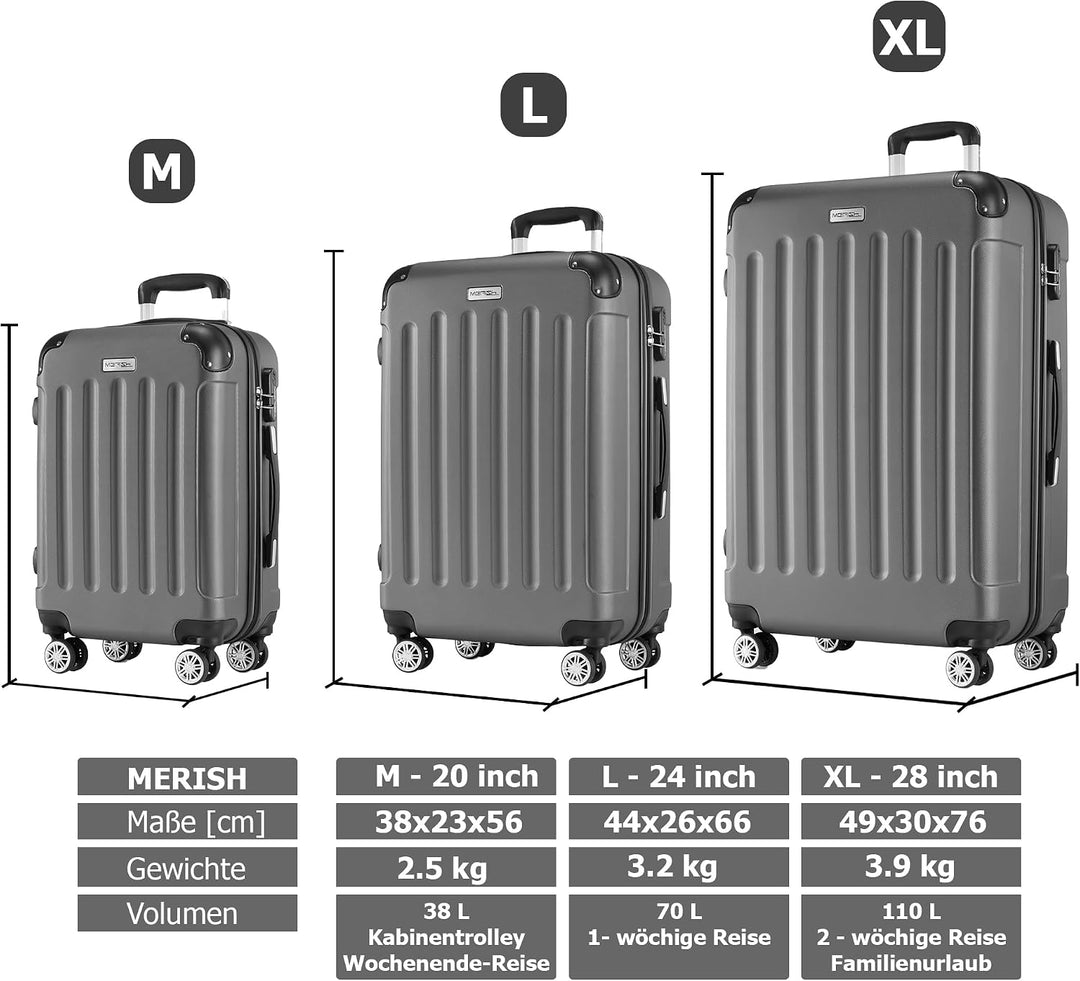 MERISH Reisekoffer Koffer Kofferset Trolleys Zwillingsrollen 3tlg. Hartschale in 9 Farben (Rot, M) R