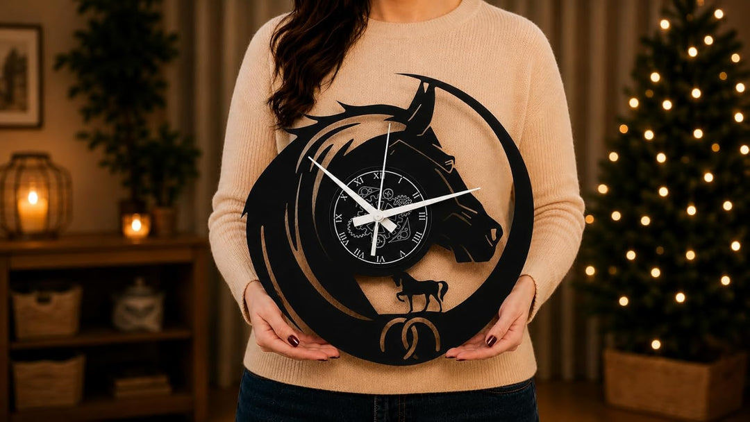 Instant Karma Clocks Wanduhr aus Vinyl Pferd Reiten Hufeisen