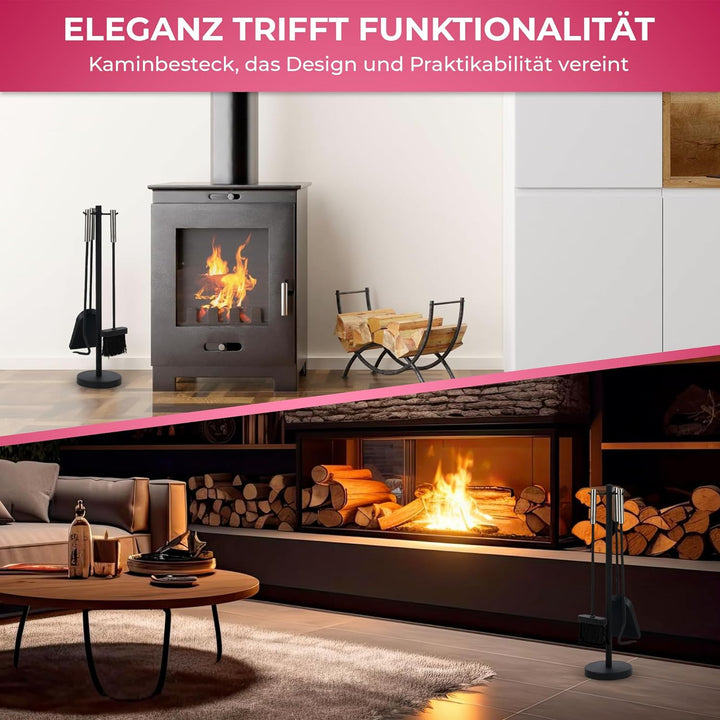 SULENO Kaminbesteck DUBLIN 4-teilig Kamingarnitur mit Ascheschaufel Besen Schürhaken, Kaminset & Hal