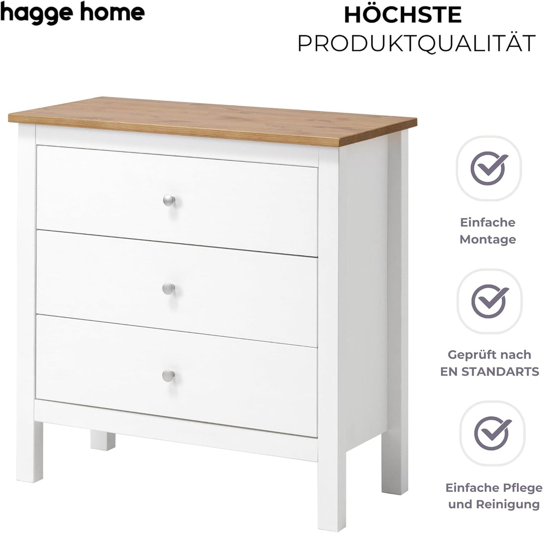 hagge home Skandinavisch Holz Kommode mit 3 Schubladen Sideboard Ladenkommode Beistellschrank für Fl