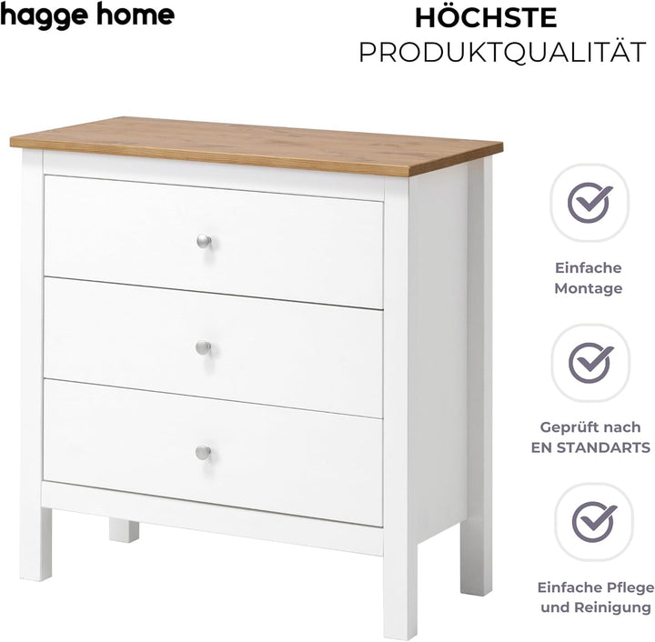 hagge home Skandinavisch Holz Kommode mit 3 Schubladen Sideboard Ladenkommode Beistellschrank für Fl