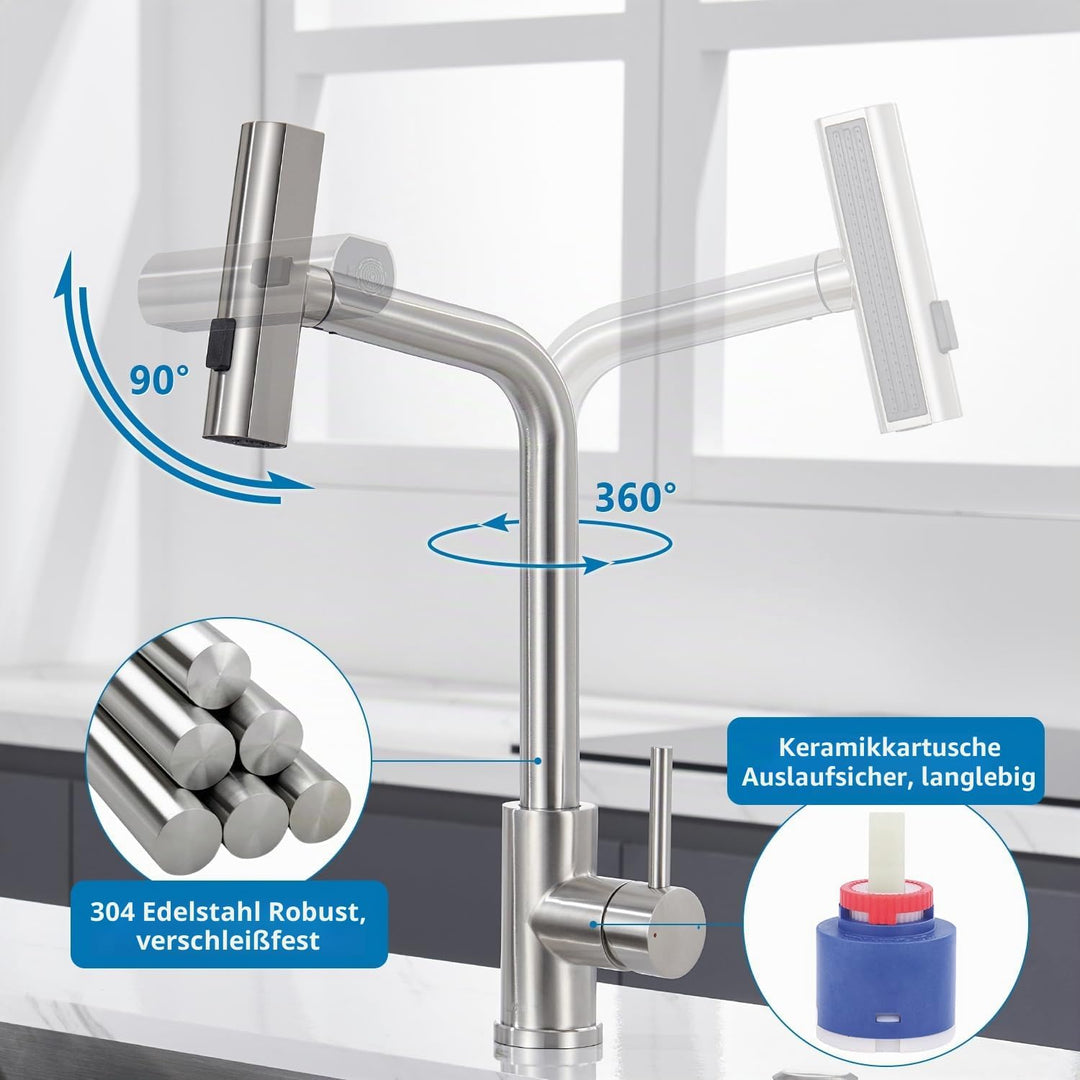 Ulytid Wasserhahn Küche Ausziehbar, Küchenarmatur mit Brause Ausziehbar 3 Modus, Hochdruck Armatur K