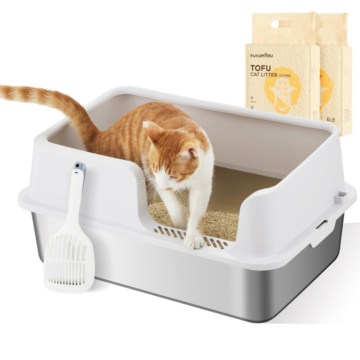 FUKUMARU Katzenklo Edelstahl XXL, Hohe Seitenwände Katzentoilette, 30L Grosse Kapazität Auslaufsiche