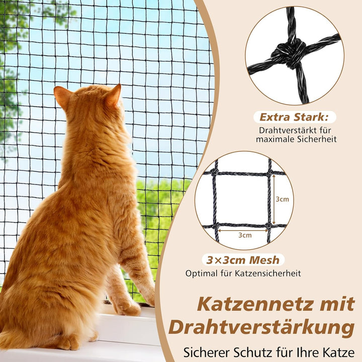 Aystkniet Katzennetz für Balkon Ohne Bohren inkl. Klebehaken & Silikonkleber, 2×3M Katzennetz Drahtv