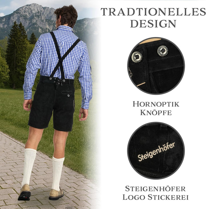 STEIGENHÖFER Lederhose Herren Tracht kurz - Anton - Trachtenhose mit Trägern - 100% Rindsleder - Tra