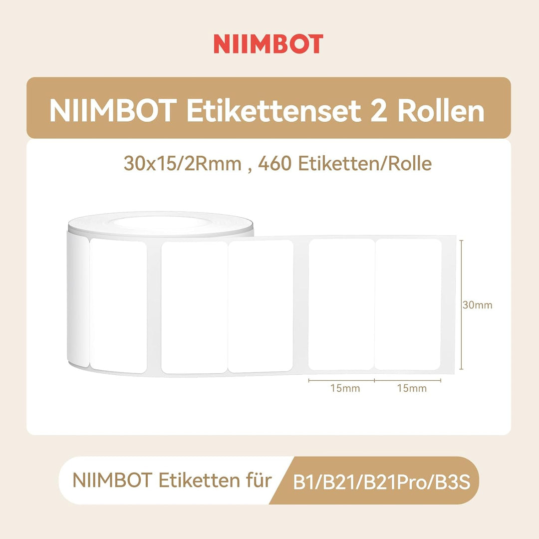 NIIMBOT Etiketten für B1 B21 B31 B3S Etikettendrucker, 30 * 15mm/2R 460 Etiketten pro Rolle, 2 Rolle