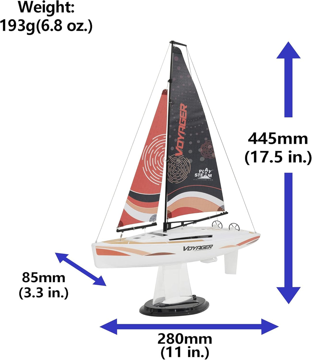 PLAYSTEAM Voyager 280 2.4GHz RC Motor Powered Sailboat in Red - 14" Tall Motor Powered-red, Motor Po