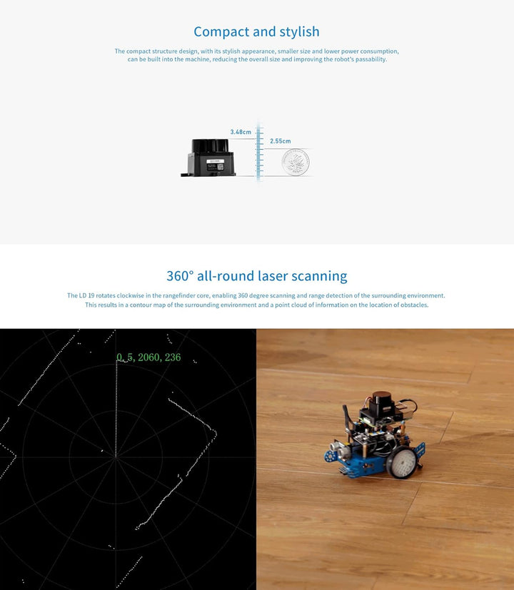WayPonDEV FHL-LD19 360 Degree 2D Lidar Distance Sensor Kit, 10Hz Scan Rate and 12m Distance Lidar RO