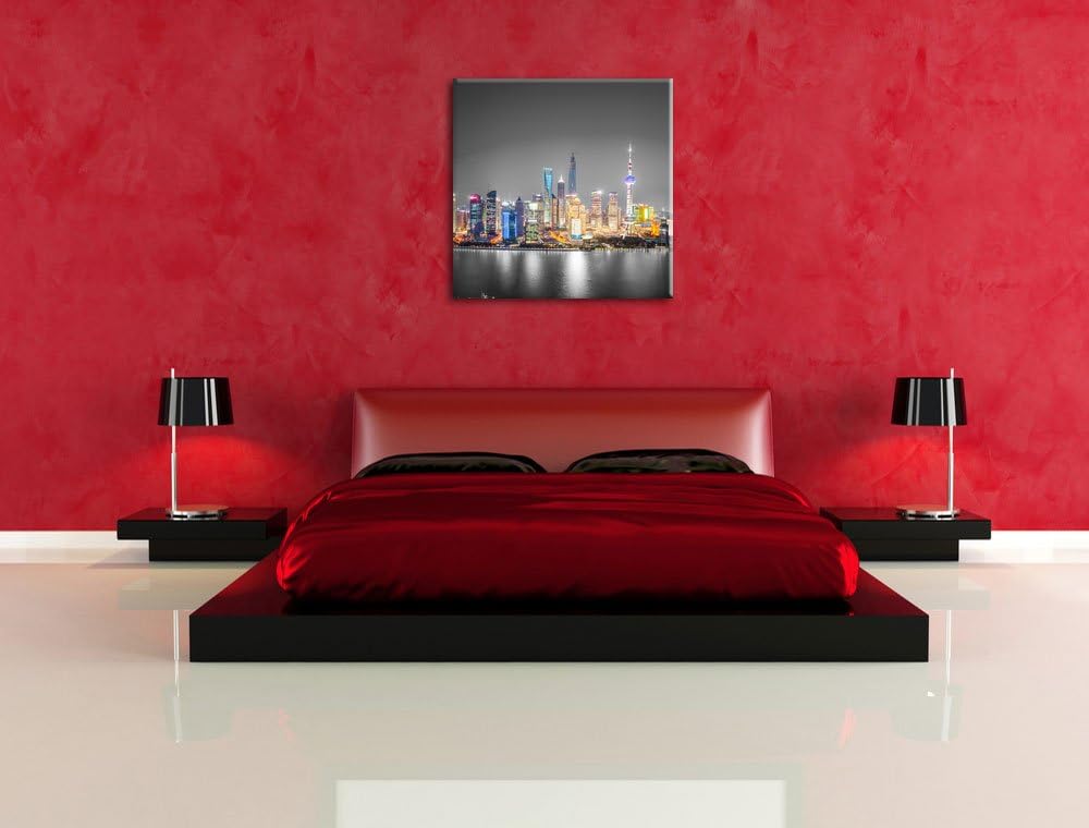 Pixxprint Shanghai Skyline bei Nacht schwarz/weiss, Format: 70x70 auf Leinwand, 70x70