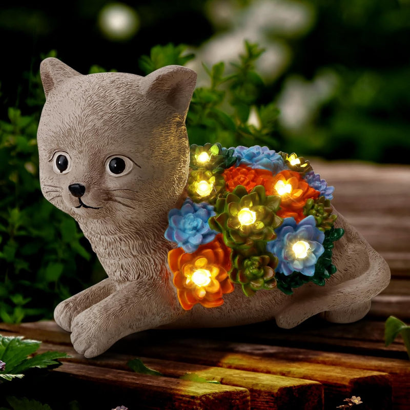 YIKEDAN Solar Gartenfiguren Katze mit Sukkulenten und 7 LED Leuchten, Gartendeko für Draussen, Harz