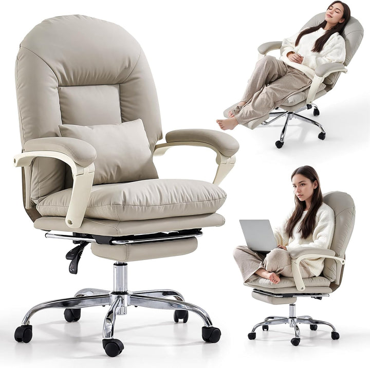 EMIAH Ergonomischer Bürostuhl mit Fussstütze, Verstellbarer Schreibtischstuhl Echtes Leder, Bequeme