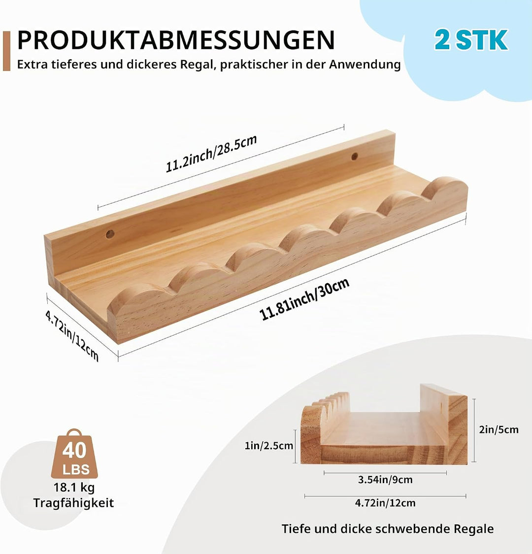Gieanoo Schwebendes Regal, überbackene Bücherregal Wand Satz von 2 Natürlichen Massiven Kiefer Holz