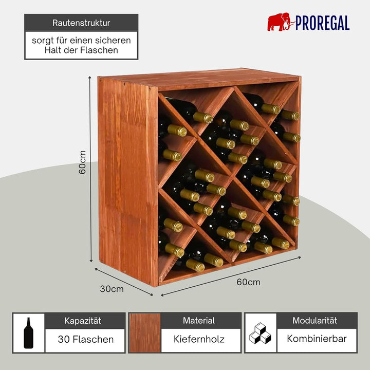 PROREGAL Modulares Weinregal VINCELLAR MOD | HxBxT 60x60x30cm | Rauten Modul für 30 Flaschen | Massi