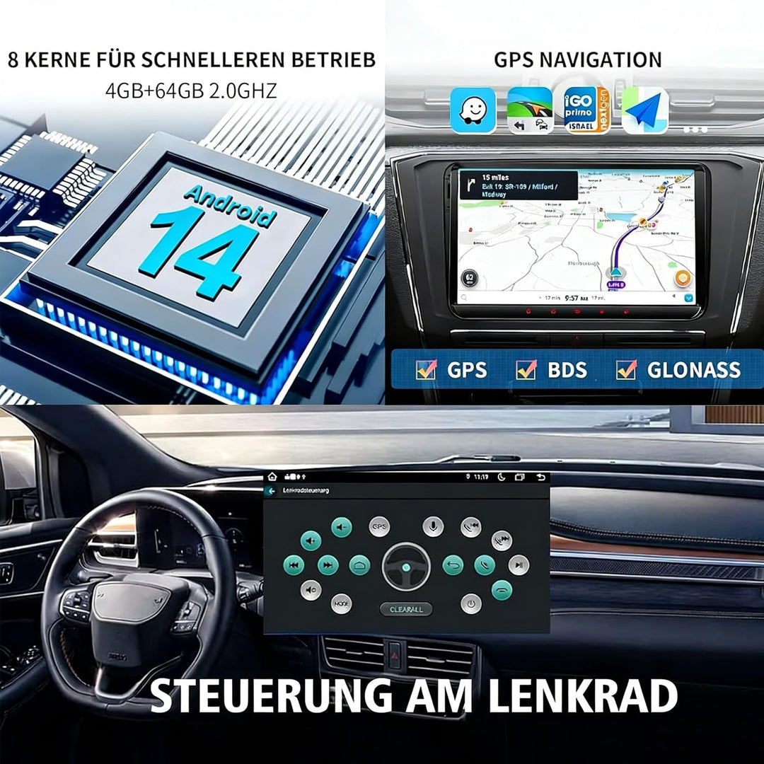 QIIKEN Autoradio mit Navi für VW T5 Golf 5 6 Polo Sharan Seat Passat Tiguän, Doppel din Radio 9" IPS