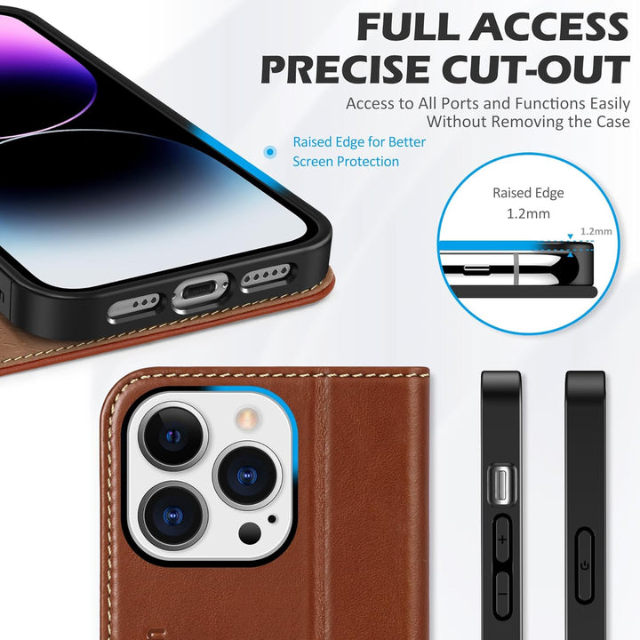SHIELDON Hülle für iPhone 14 Pro Handyhülle TPU [Echtleder] [Kartenfach] [Magnet] [Standfunktion] [R