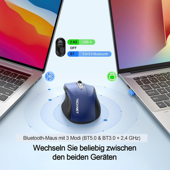 TECKNET Bluetooth Maus mit Jiggler, Wiederaufladbare Maus Kabellos für Laptops(DREI Modi: BT 5.0/3.0