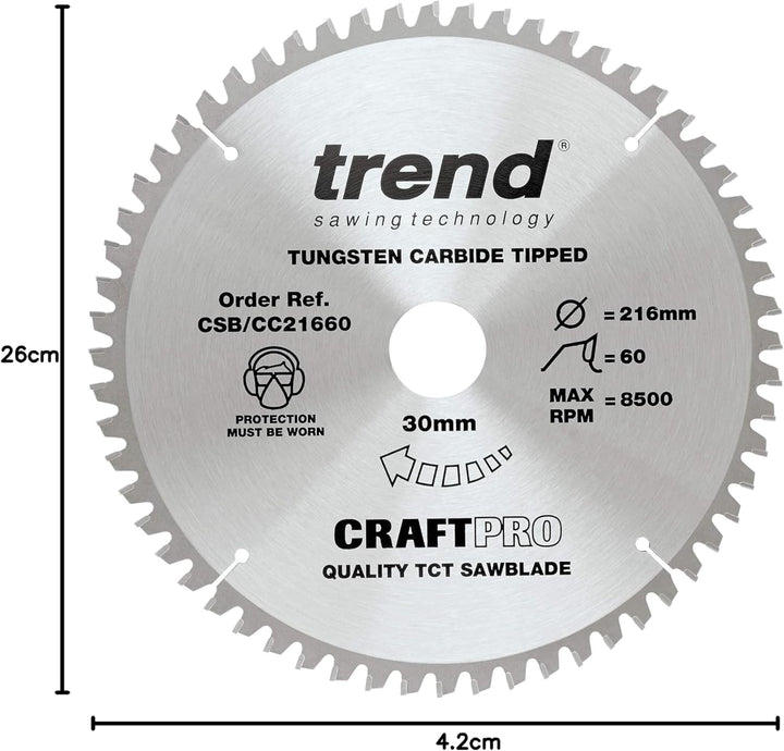 Trend CraftPro Negative Hook Crosscutting TCT Kreissägeblatt, 260mm Durchmesser x 42 Zähne x 30mm Bo
