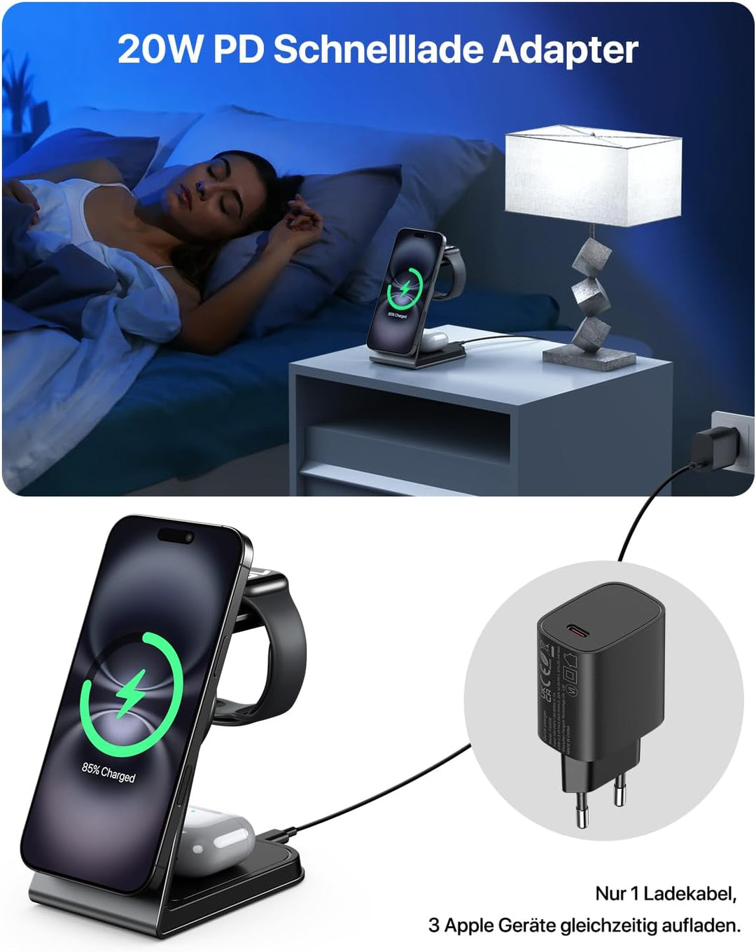 Mag-Safe Ladestation 3 IN 1, Ladegerät kompatibel mit App1e Watch und iPh0ne, Induktive Ladestation
