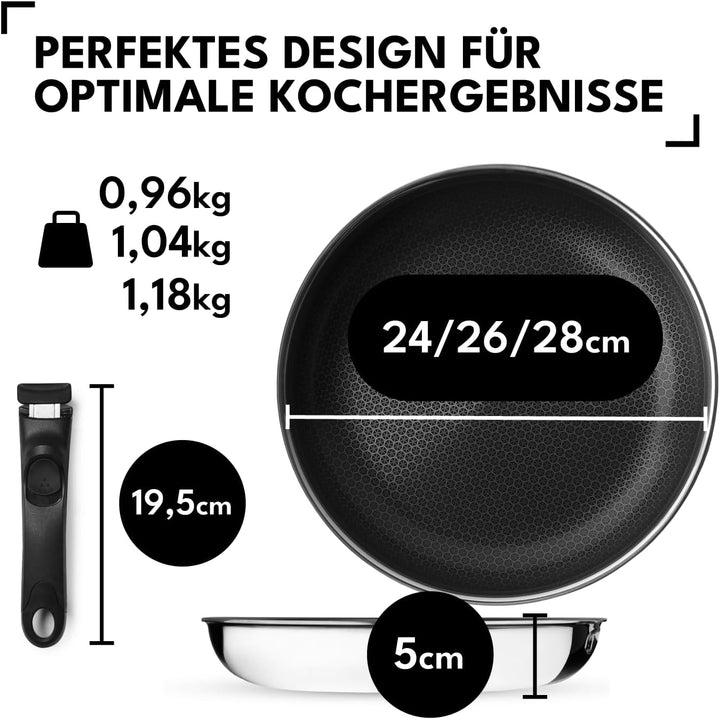 Bratpfannenset 3-teilig – 24 cm, 26 cm & 28 cm Mit Abnehmbarem Griff | Antihaft Pfannen Induktion |