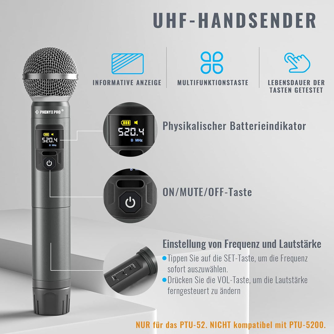 Phenyx Pro Dual UHF Hand/Bodypack Funkmikrofon-Set PTU-52-1H1B | Auto-Pairing, Metallmikro, Headset-