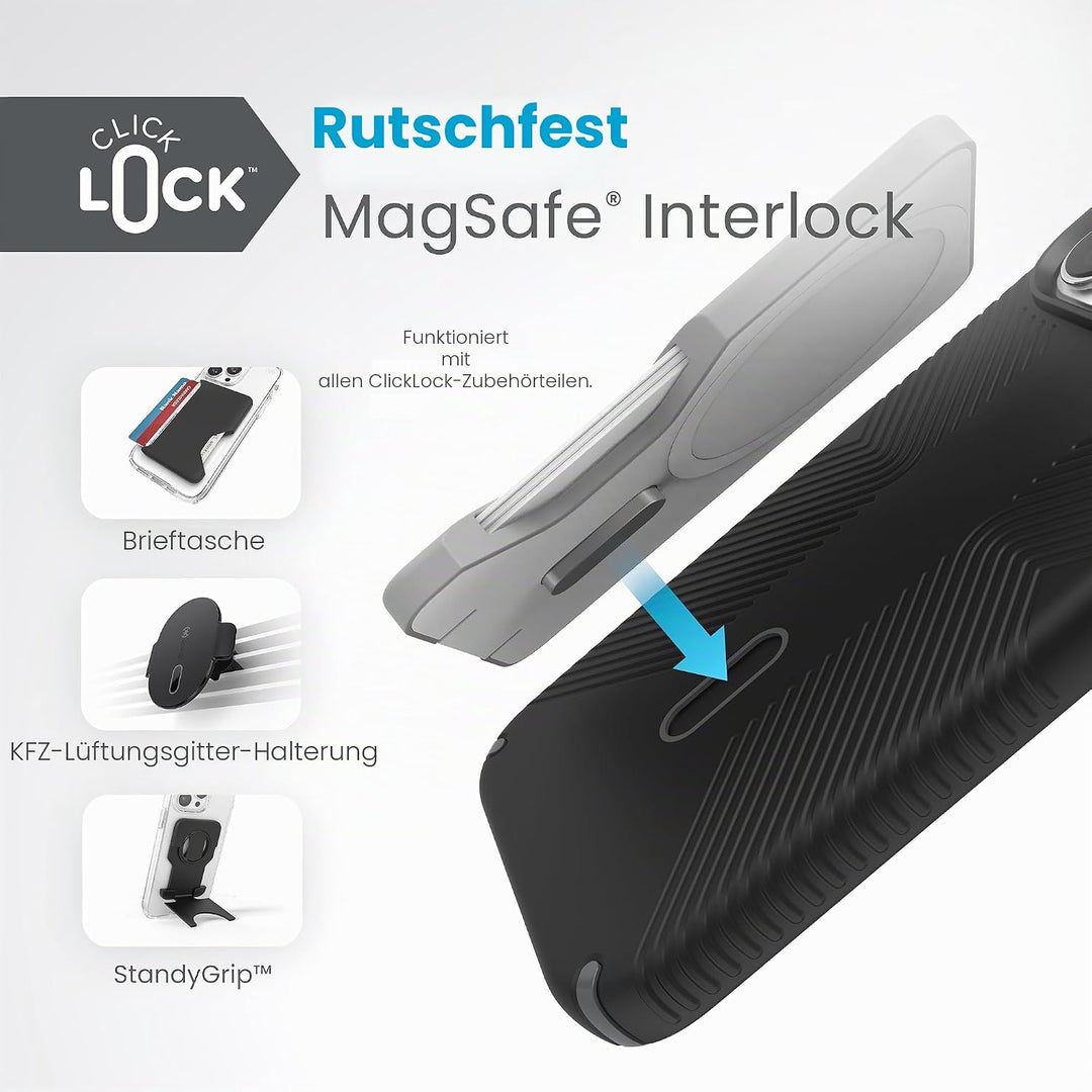 Speck iPhone 15 Pro Max Hülle – ClickLock rutschfeste Interlock, gebaut für MagSafe, Fallschutzgriff