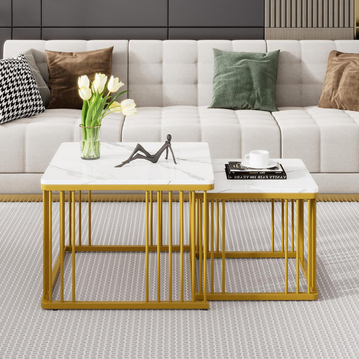 Merax Quadratisch Couchtisch 2er Set, Moderne Wohnzimmertisch mit Marmor Furnier, Hochglanz Satztisc