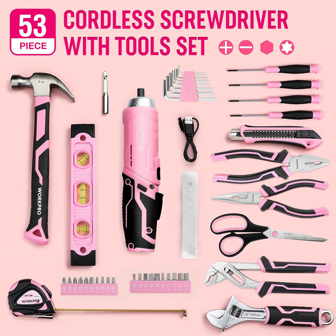 WORKPRO 53-tlg. Werkzeug Set Rosa mit Akkuschrauber klein, pink Werkzeugtasche gefüllt für Haushalt