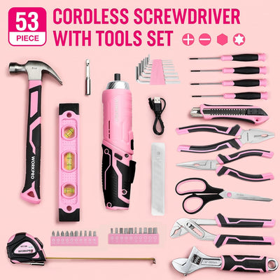WORKPRO 53-tlg. Werkzeug Set Rosa mit Akkuschrauber klein, pink Werkzeugtasche gefüllt für Haushalt