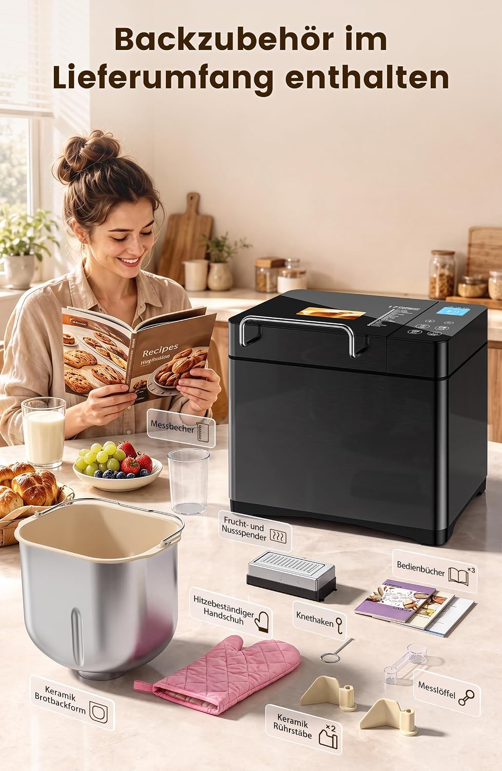 710W 1KG Konvektions Brotbackautomat mit Doppelten Heizrohren, 17 in 1 Edelstahl Brotbackmaschine, K