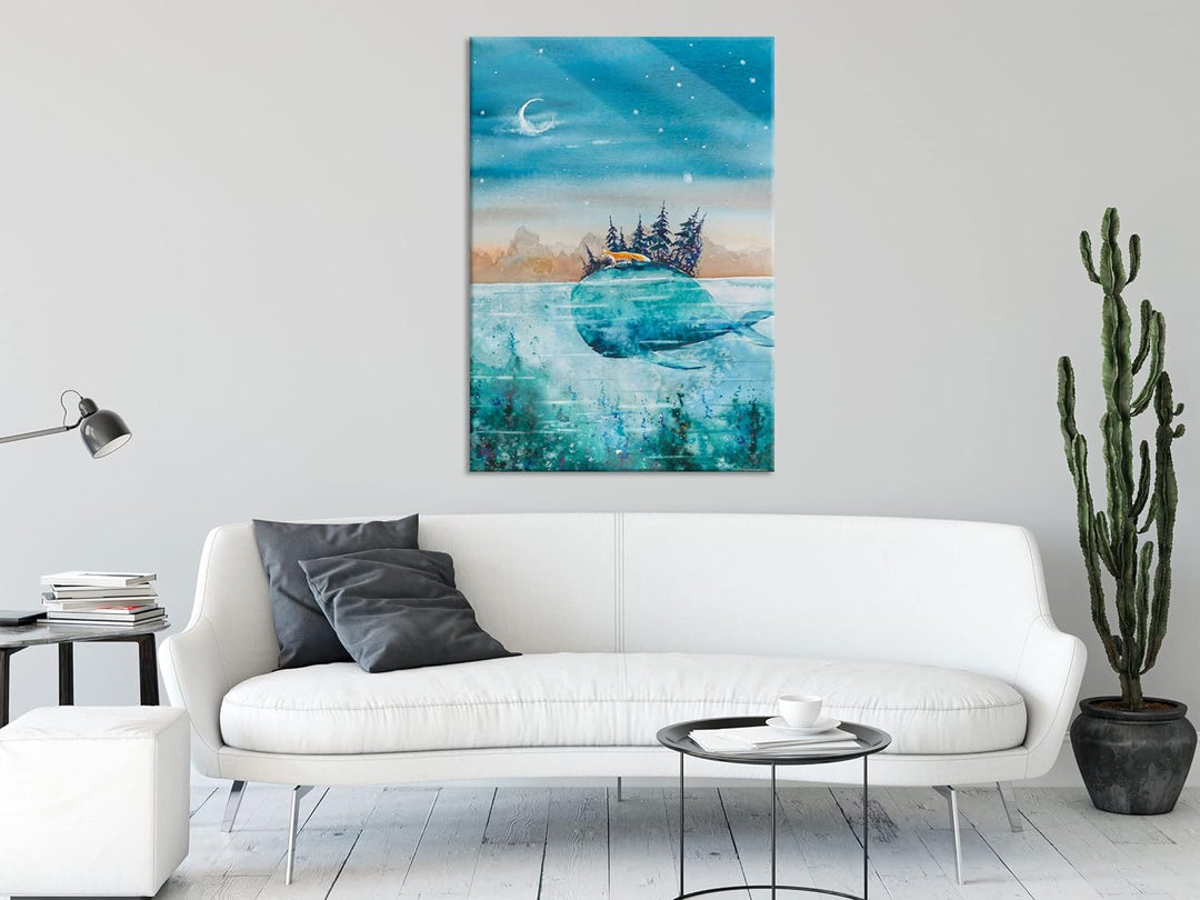 Pixxprint Glasbild | Wandbild aus Echtglas | Fuchs reitet auf Wal bei Nacht | 60x80 cm | inkl. Aufhä