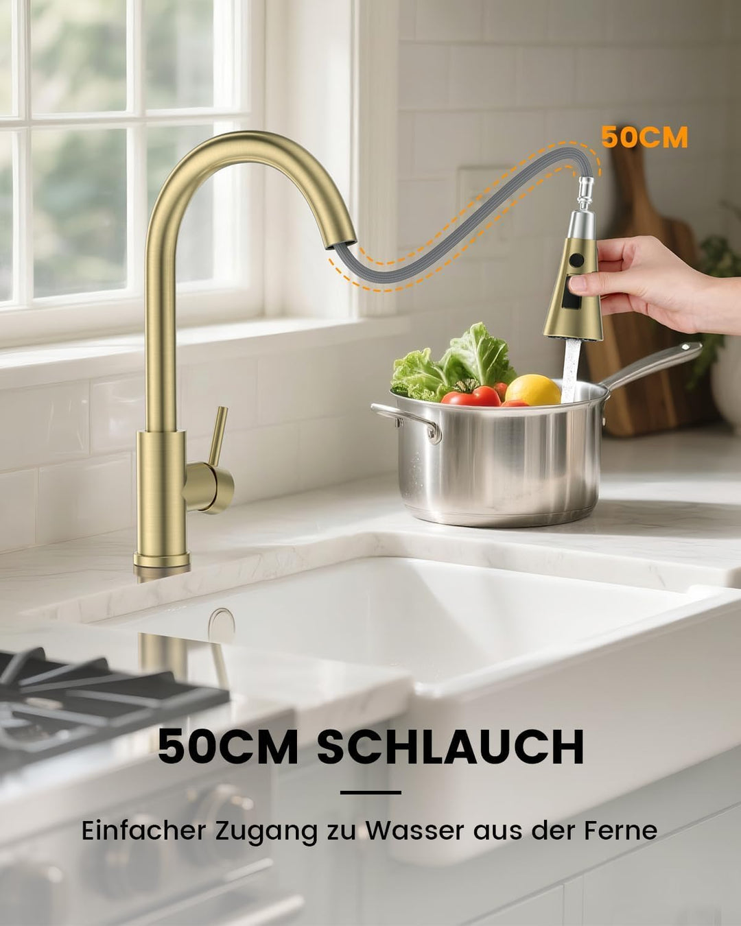 DAYONE Gold Niederdruck Armatur Küche Küchenarmatur, SUS304 Edelstahl Wasserhahn Küche, 3 Strahlarte