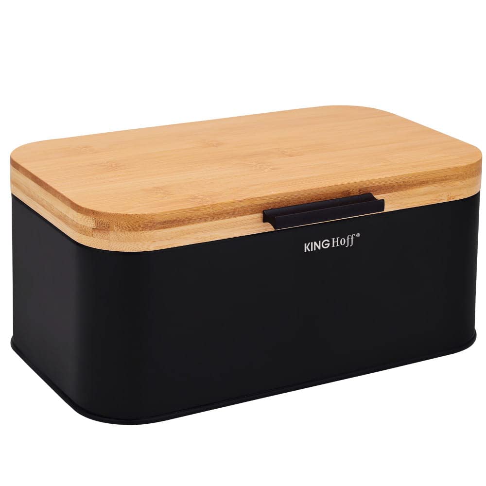 KING HOFF Stahl Brotbox Brotkasten mit Bambusdeckel Schwarz, Schwarz
