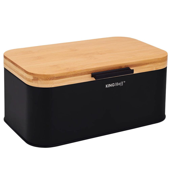 KING HOFF Stahl Brotbox Brotkasten mit Bambusdeckel Schwarz, Schwarz