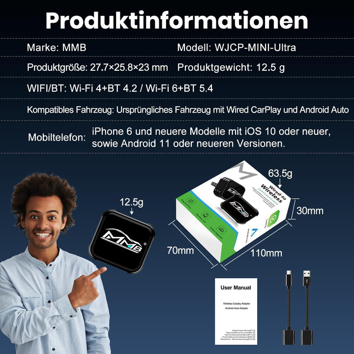 MMB CP-Ultra 2026 kabelloser CarPlay Adapter, 2-in-1 für iPhone & Android Auto, Wi-Fi 6+Bluetooth 5.