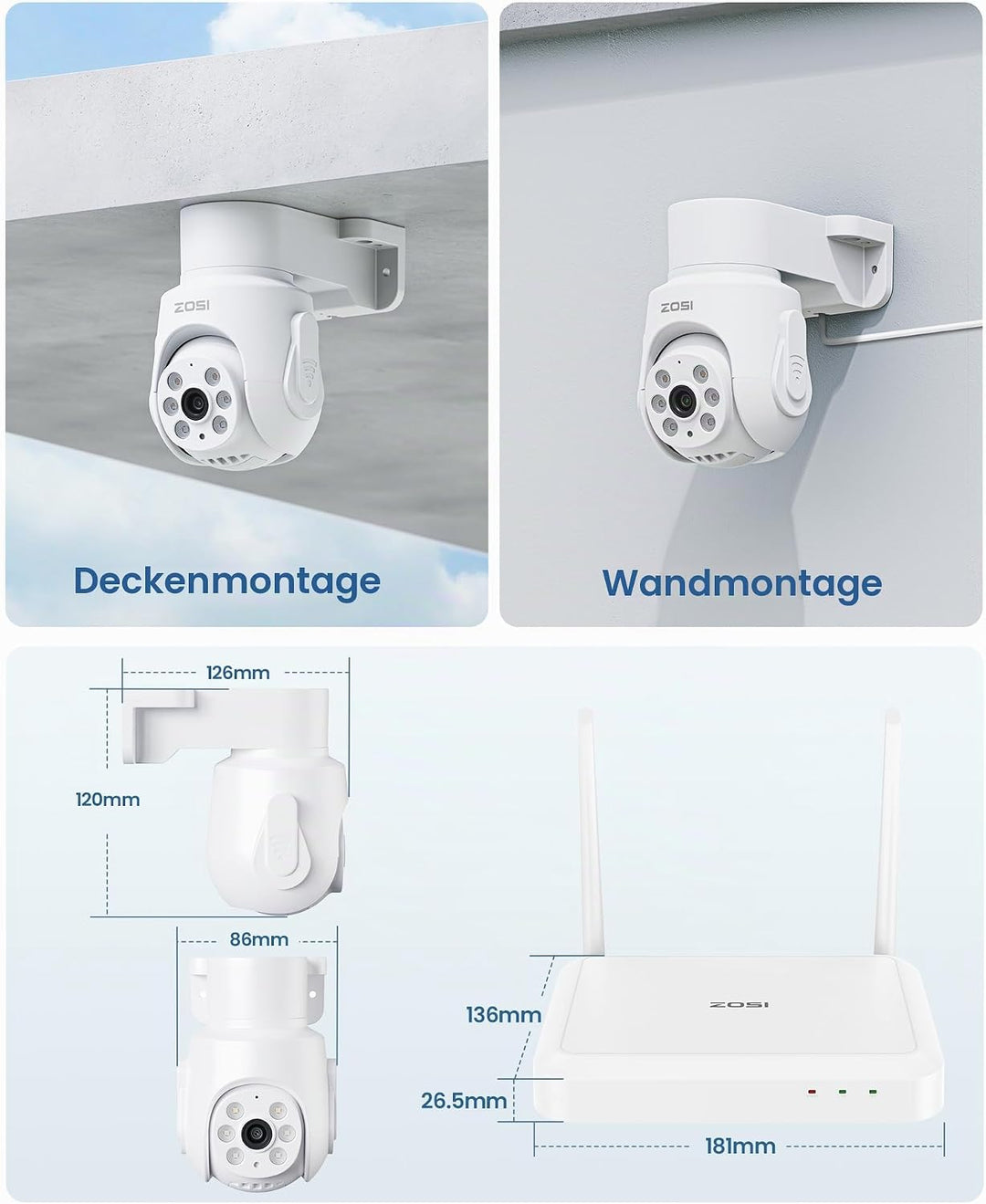 ZOSI 3K 5MP Wi-Fi 6 Überwachungskamera Set mit 2X 360° PTZ WLAN Kamera Aussen, 64GB Karte, Personenv
