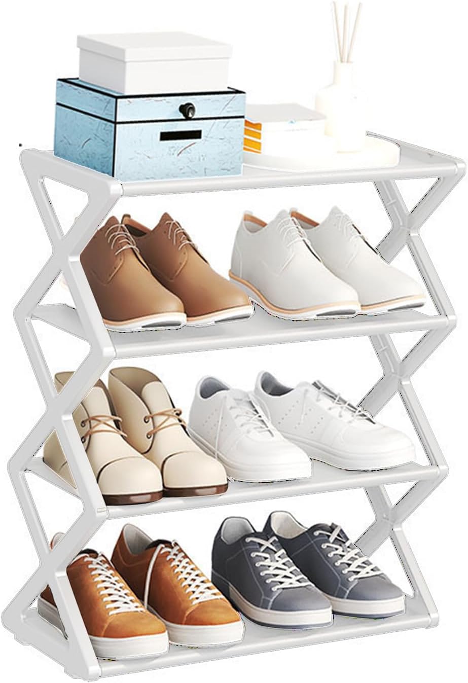 Schuhregal Faltbar, 4 Ebenen, Tragbar, Kunststoff, Weiss, für Flur, Weiss