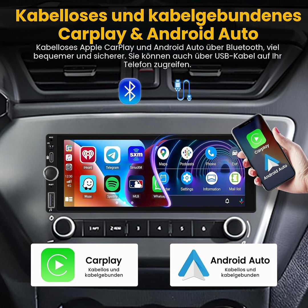 Hikity 1 DIN Wireless Carplay Autoradio 6,9” Touchscreen Auto Radio Android Auto Bildschirm mit Blue