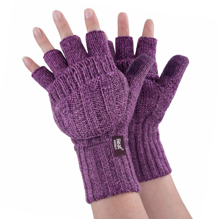 HEAT HOLDERS Fingerlose Damen-Thermo-Konverter-Handschuhe mit Zopfmuster, 2,3 Tog Violett, Violett