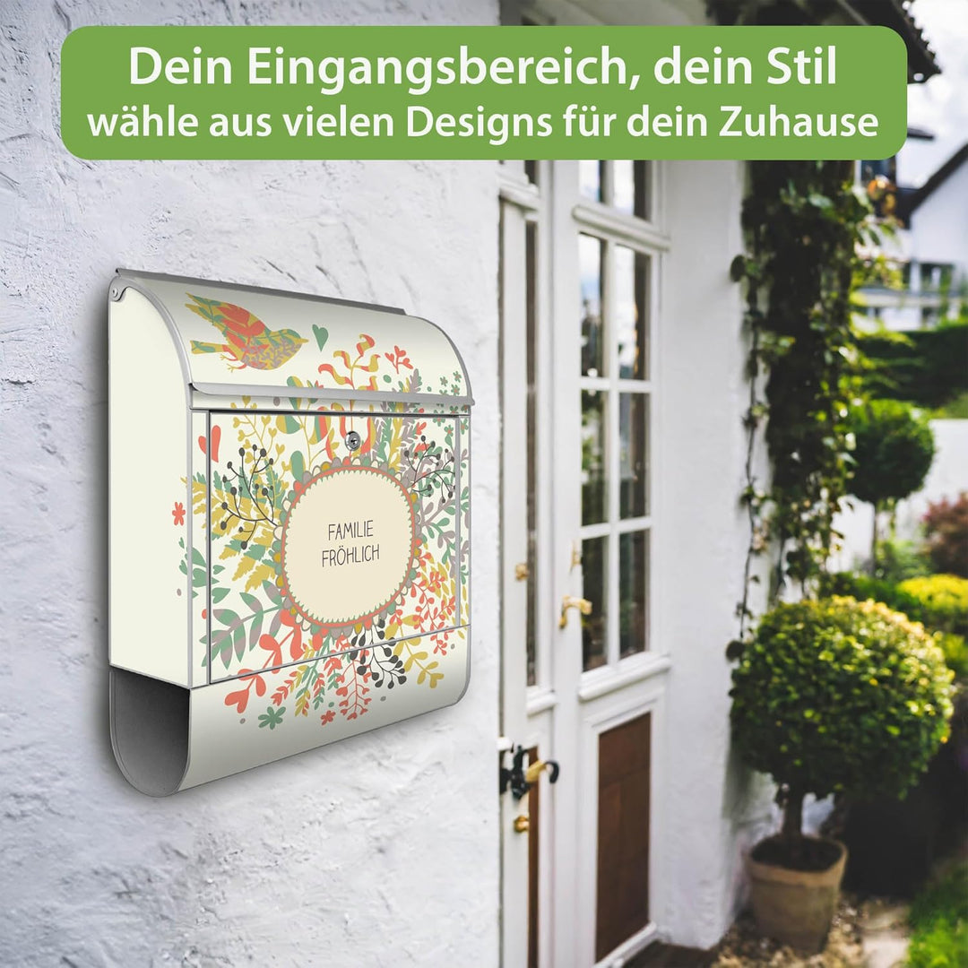 banjado® Design Briefkasten personalisiert mit Motiv WT Frühling 39x47x14cm & 2 Schlüssel - Briefkas