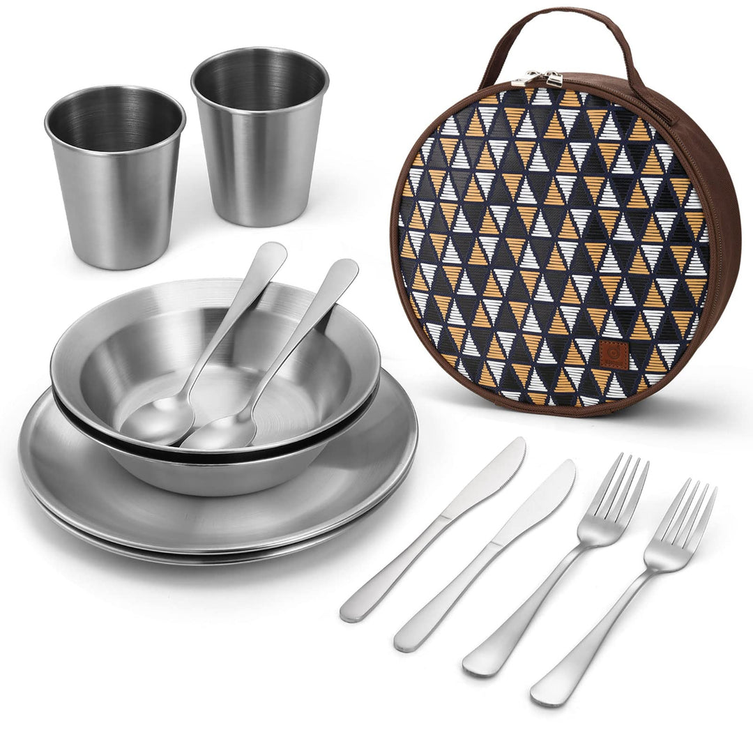 Odoland Campingbesteck Set Geschirrset 13 PCS aus Edelstahl Tafelservice mit Etui Messer Gabel Löffe